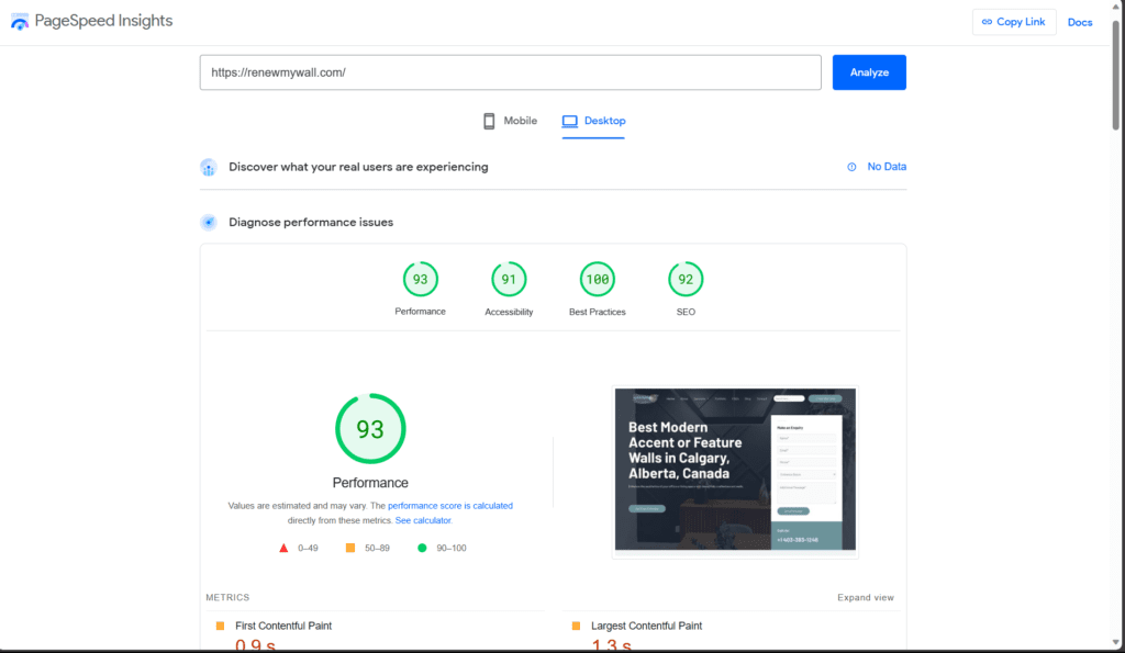 Website Speed Desktop RenewMyWall