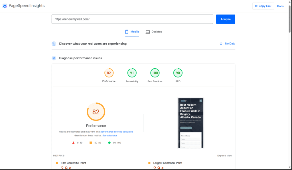 Website Speed Mobile RenewMyWall