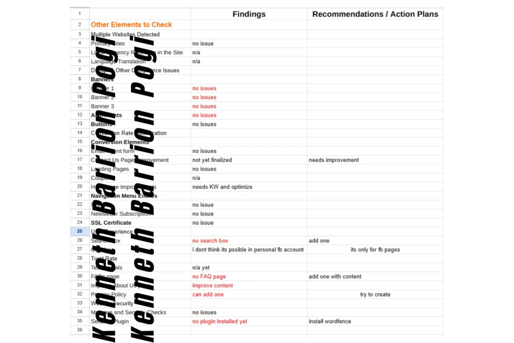 Other Elements to Check Audit Template