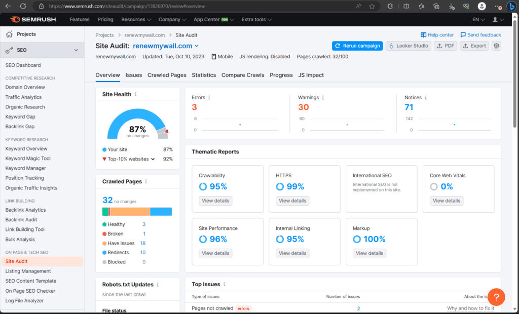 Semrush Site Audit RenewMyWall